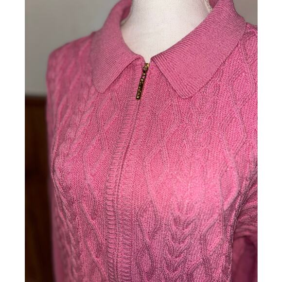 St. John Sport Pink Cable Knit Barbiecore Full Gold Zip Closure Sweater Size XL - Picture 3 of 8